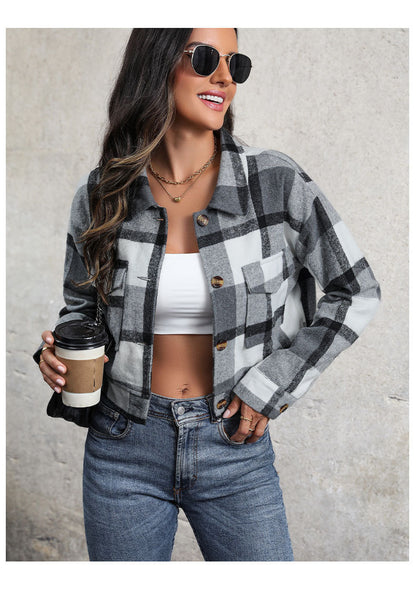 Women's Flannel Cropped Plaid Shacket Jacket Button Down Long Sleeve Shirts Tops
