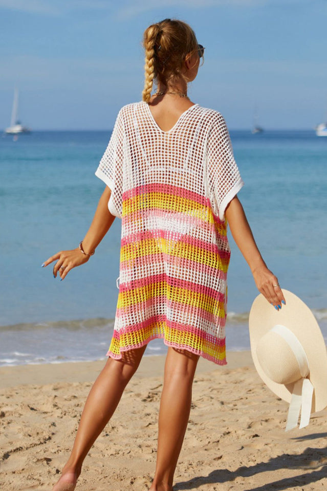 Rainbow Stripe Openwork Slit Cover Up - Seldom Seen Styles