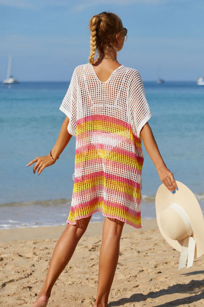 Rainbow Stripe Openwork Slit Cover Up - Seldom Seen Styles
