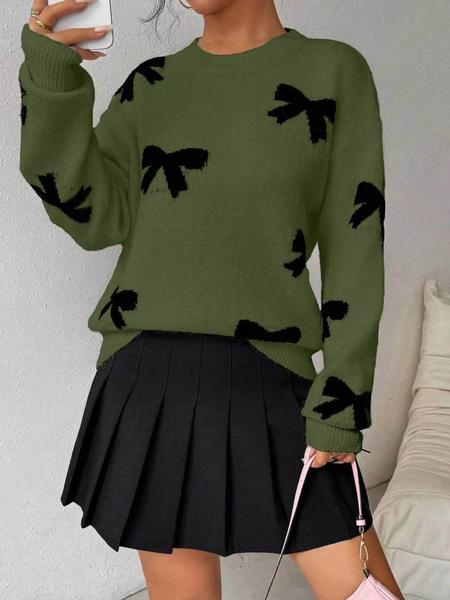 Fashion Bow Print Casual Loose Knitted Sweater Pullover Autumn/Winter Women Pullovers New Full Sleeve Knitwear - Seldom Seen Styles