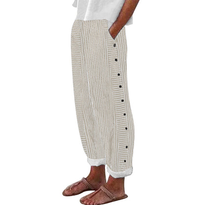 Linen Pants for Women Casual Straight Leg Elastic Waist Pants Stripe Print Beach Summer Pants with Pockets - Seldom Seen Styles
