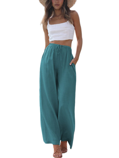 Women's Linen Summer Palazzo Pants Flowy Wide Leg Beach Pants with Pockets - Seldom Seen Styles