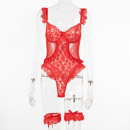 Women Sexy Lingerie Bodysuit Floral Lace Teddy Babydoll Snap Crotch Ruffle One Piece with Thigh Bands