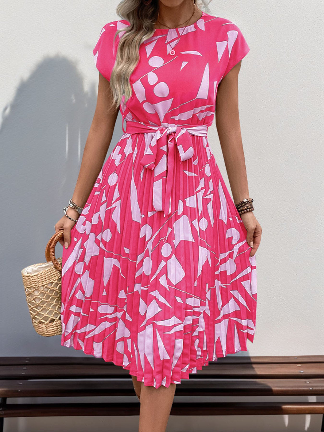 Floral Dress for Women Wedding Guest Crewneck Short Sleeve Casual Summer Dress Tie Waist Midi Flowy Boho Beach Dresses