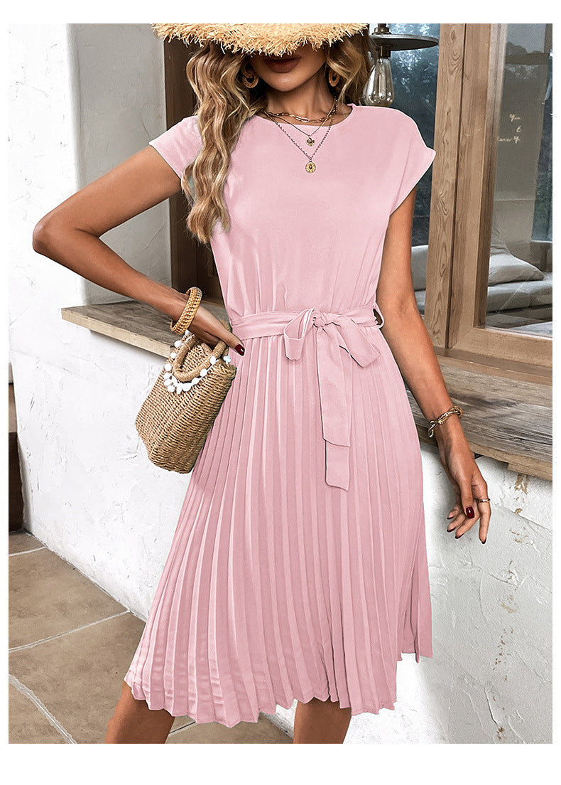 Women Summer Maxi Pleated Dress Casual Cap Sleeve Flowy Swing Loose Fit Midi Dresses Pocket Crew Neck Back Button