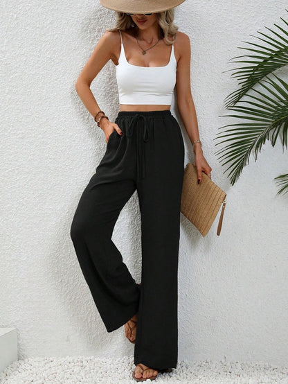 Wide Leg Pants for Women Elastic Waist Drawstring Palazzo Pants Lounge Pants with Pockets Loose Straight Leg Trousers - Seldom Seen Styles