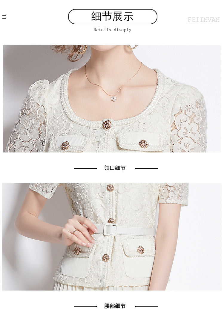 Bella Lace Patchwork Pleated Midi Dress  Patchwork Mid-Length Pleated Dress