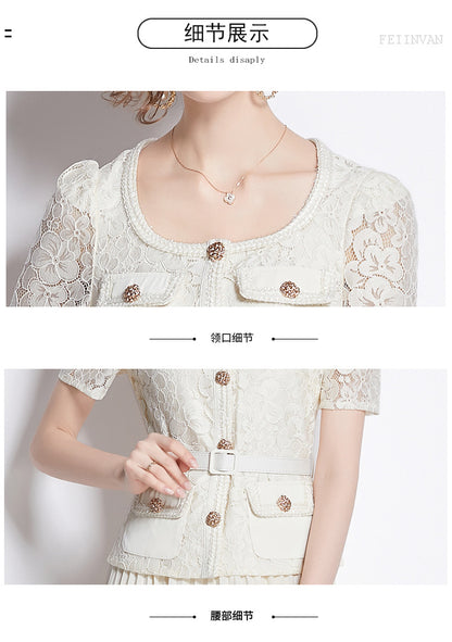 Bella Lace Patchwork Pleated Midi Dress  Patchwork Mid-Length Pleated Dress