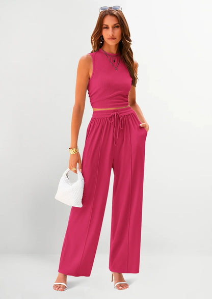 Women's Ribbed Sleeveless Two-Piece Set | Resort Style Casual Suit