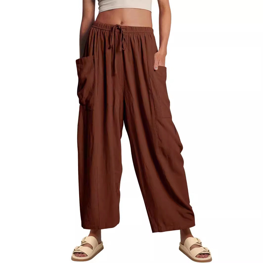 Linen Blend Drawstring Waist Pocketed Loose Pants Casual Simplicity Pocket Loose Mid Waist Wide Leg Solid Color Bottoms - Seldom Seen Styles