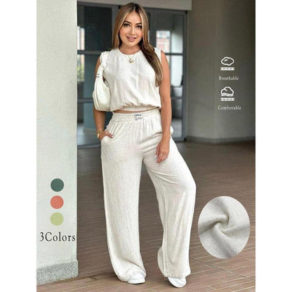 Two-Piece Set Women's Solid Color Tank Top & Wide Leg Pants Set, Casual Fashion Cozy Breathable Two-piece for Daily Outdoor Wear, Ladies Clothes for Summer, Suits - Seldom Seen Styles