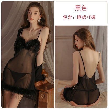 Womens Sexy 3 Piece Fuzzy Lingerie Set Transparent Tulle Nightshirt With Robe and G-String - Seldom Seen Styles