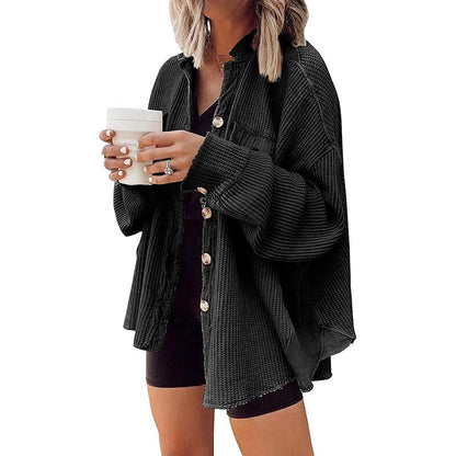 Women's Loose Fit Batwing Sleeve Waffle Knit Button Down Shirt Shacket Tops - Seldom Seen Styles