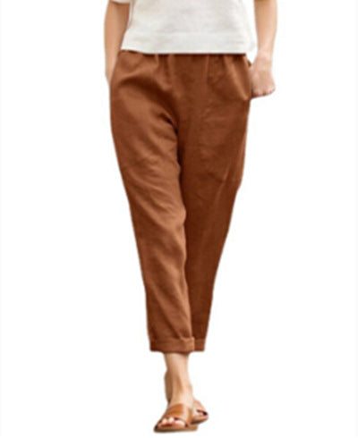 Women's Linen Cropped Pants Tapered Ankle Capris Trousers Elastic Waist - Seldom Seen Styles