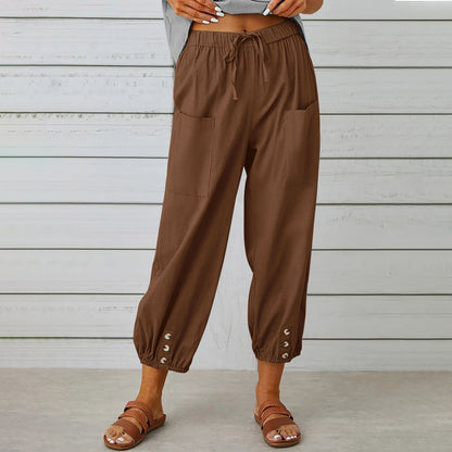 Women's Capri Pants High Waist Drawstring Cinch Bottom with Button Cotton Loose Casual Trouser with Pockets - Seldom Seen Styles