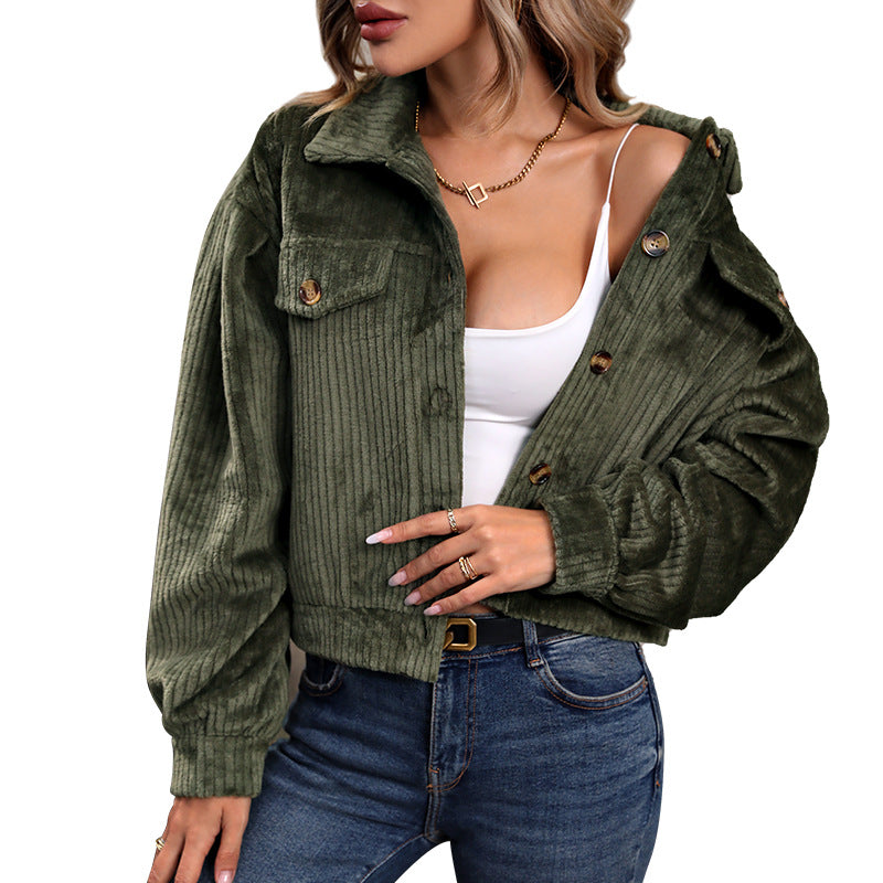 Women's Cropped Corduroy Jacket Button Down Long Sleeve Fuzzy Fleece Oversized Outerwear Shacket Coat - Seldom Seen Styles