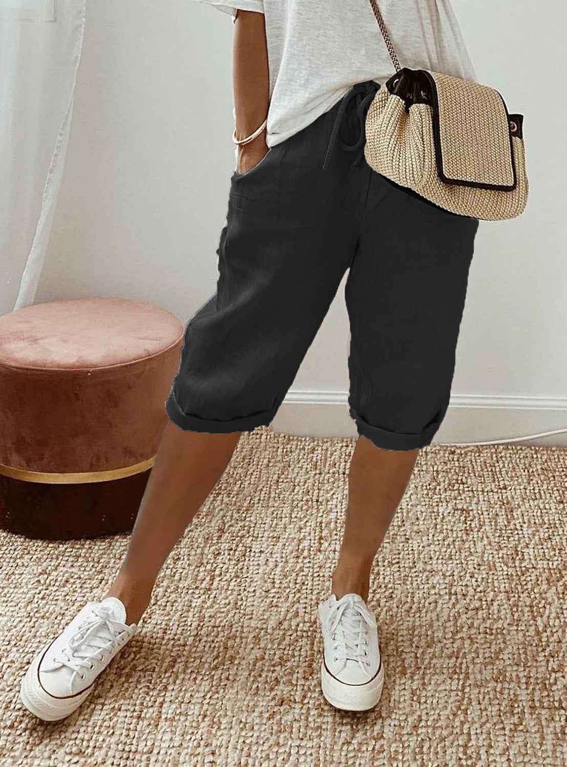 Womens Cotton Linen Shorts Knee Length Drawstring Elastic Waist Summer Casual Gym Going Out Shorts with Pockets - Seldom Seen Styles