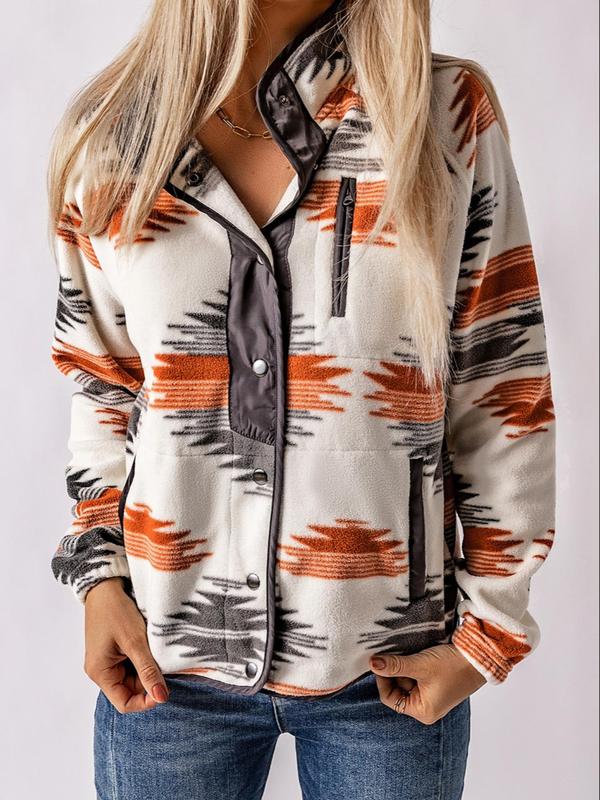 Women's Geometric Print Pocket Button Front Zipper Stand Collar Polar Fleece Jacket, Casual Long Sleeve Outerwear For Fall & Winter, Women's Clothes For Daily Wear - Seldom Seen Styles