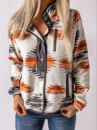 Women's Geometric Print Pocket Button Front Zipper Stand Collar Polar Fleece Jacket, Casual Long Sleeve Outerwear For Fall & Winter, Women's Clothes For Daily Wear - Seldom Seen Styles