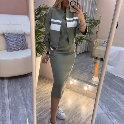 Olive Green Two Piece Skirt Set for Women – Casual Chic Midi Dress with Zip-Up Long Sleeve Jacket - Seldom Seen Styles
