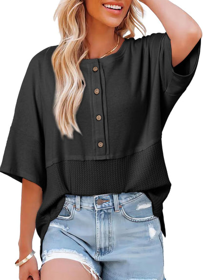 Womens Waffle Knit Tops 2025 Fashion 3/4 Sleeve Casual Button Down Shirts Crew Neck Oversized Patchwork Blouses - Seldom Seen Styles