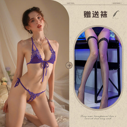 New Sexy Three-Piece Lingerie Set, No Need to Remove Bikini, Open Crotch, Tempting Plus Size Women's Set