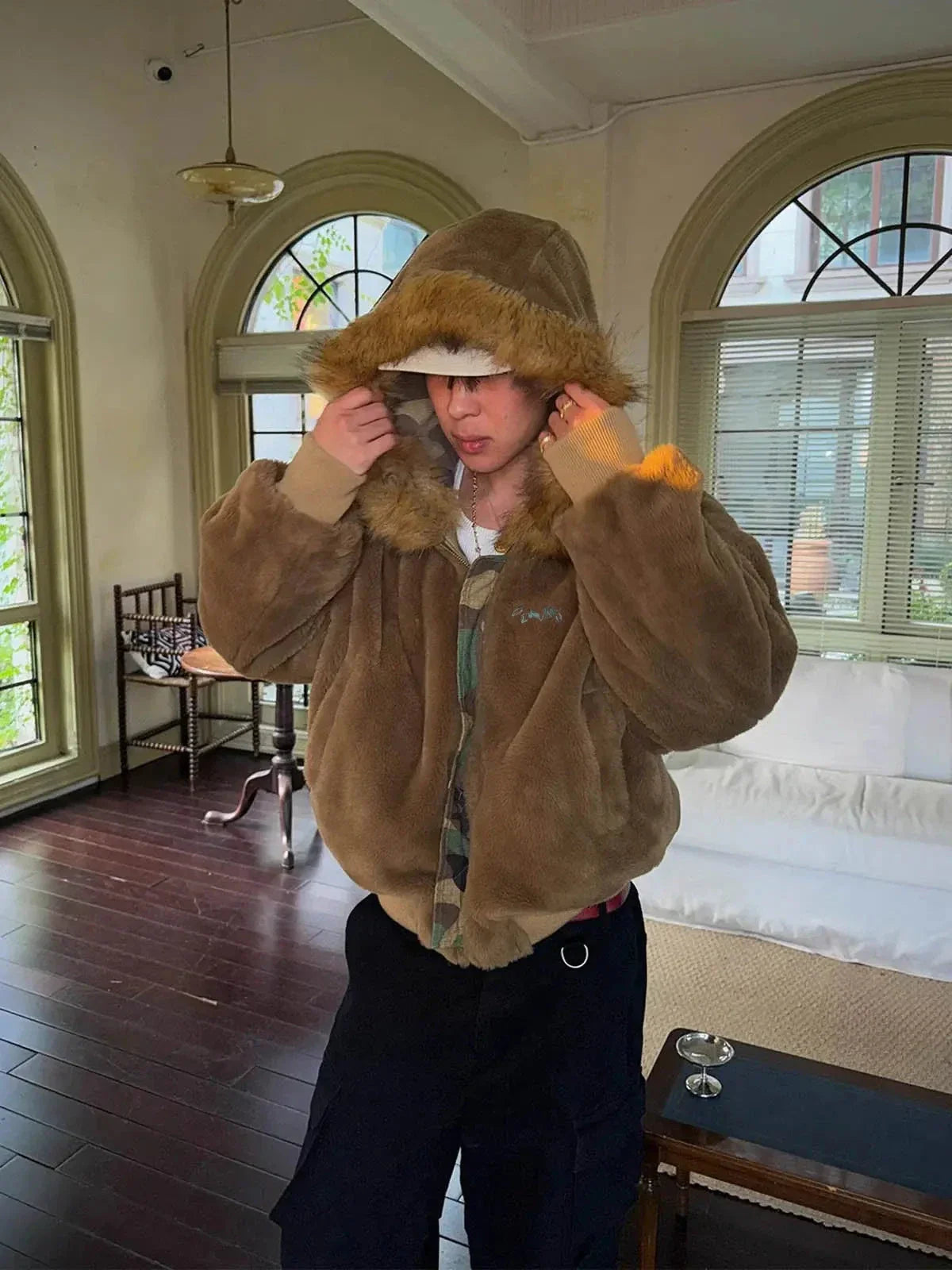 Camouflage Fur Collar Reversible Cotton Jacket - 2499 