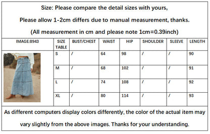 Women Casual Denim Maxi Skirt Elastic High Waist Tiered A Line Long Jean Skirt Y2k Western Patchwork 2025 - Seldom Seen Styles