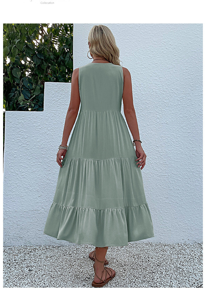 Summer Flowy Maxi Dress with Pockets Sleeveless Loose Casual Sundress V-Neck Tiered Sun Dress for Beach Cruise Vacations