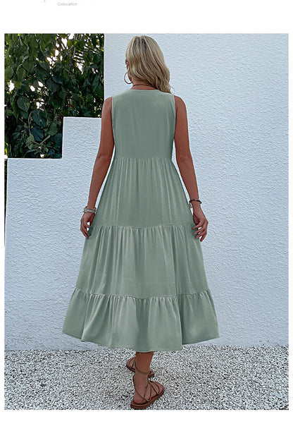Summer Flowy Maxi Dress with Pockets Sleeveless Loose Casual Sundress V-Neck Tiered Sun Dress for Beach Cruise Vacations