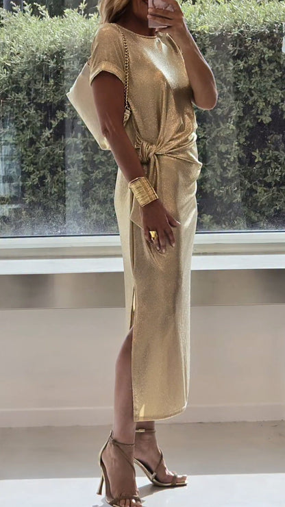 Ladies Round Neck Pleated Slit Temperament Casual Dress - Seldom Seen Styles