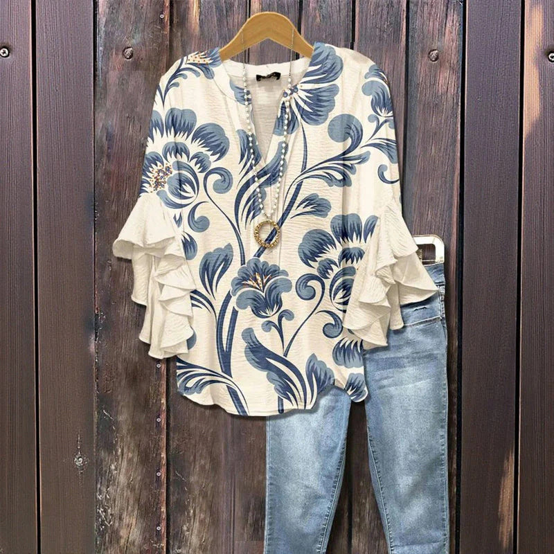 Retro Floral Print Layered Ruffle Sleeve Top Going Outfits Blouses Women Vintage 90s Tops Funny Shirts Women Elegant Classy Tops cute summer outfit