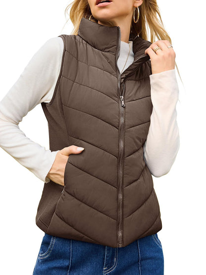 Puffer Vest Women Sleeveless Zip Up Outerwear Stand Collar Quilted Vest Warm Winter Jackets Coats with Pocket