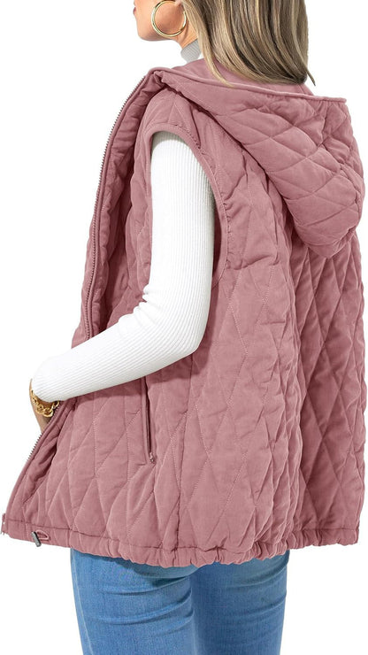 Women's Quilted Vest Casual Sleeveless Hooded Zip Up Diamond pattern Jacket With Pockets Winter Coat Outerwear Minimalist Top