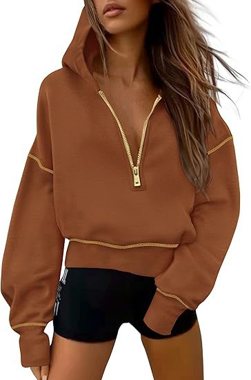 Women's Hooded Sweatshirts Long Sleeve Half Zip Cropped Hoodie Pullover Gold Zipper With Stitching Detail Winter Fashion Clothes - Seldom Seen Styles