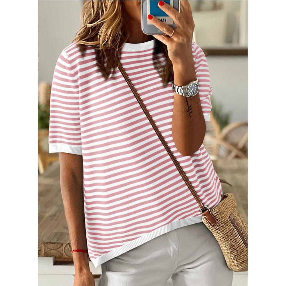 Womens Tops Casual Summer Crewneck Short Sleeve Striped Color Block Knit High Low Trendy Pullover Sweaters - Seldom Seen Styles