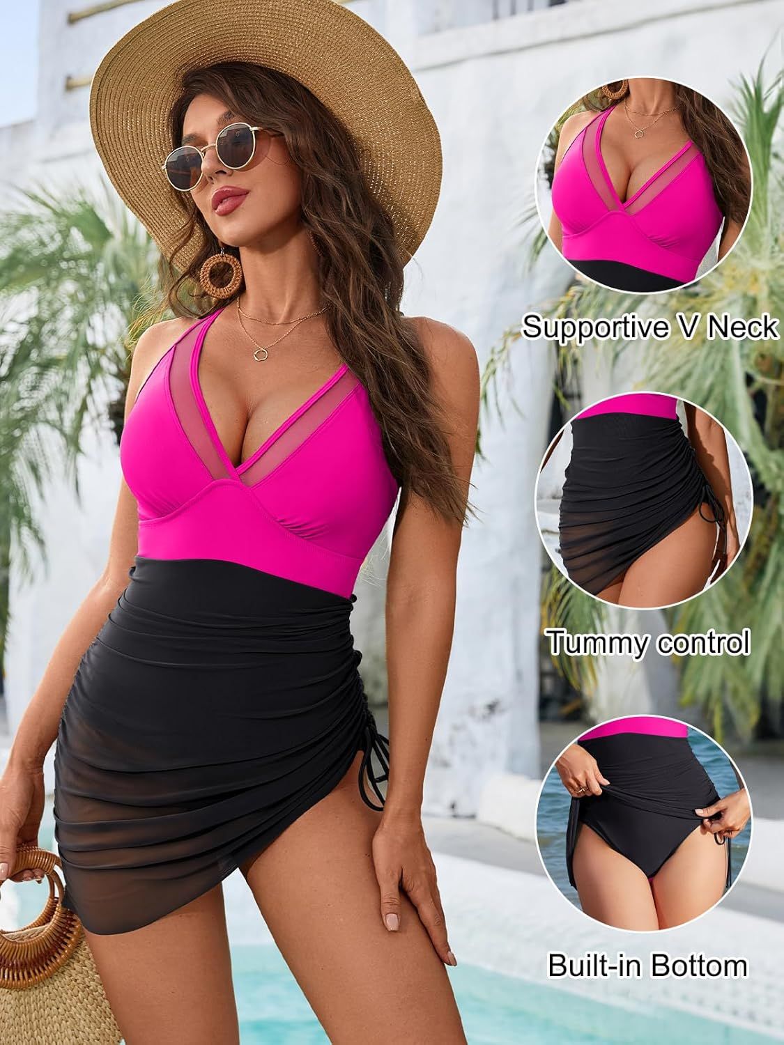 Women Mesh One Piece Swim Dress Swimsuit Tummy Control Bathing Suit
