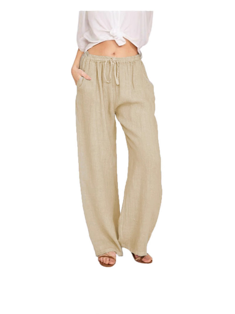 Women's Casual Wide Leg Elastic Waist Loose Lightweight Summer Linen Beach Pants Drawstring - Seldom Seen Styles