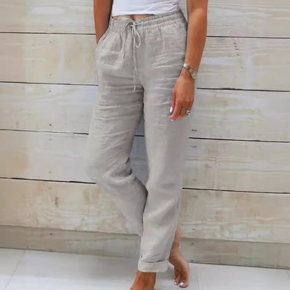 Womens Tapered Pants Cotton Linen Drawstring Back Elastic Waist Pants Casual Trousers with Pockets - Seldom Seen Styles