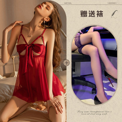 Pure Desire Sexy Lingerie Female Sexy See-through Temptation Open Crotch No-Removal Hot Passion Set Bowknot Small Chest Nightdress