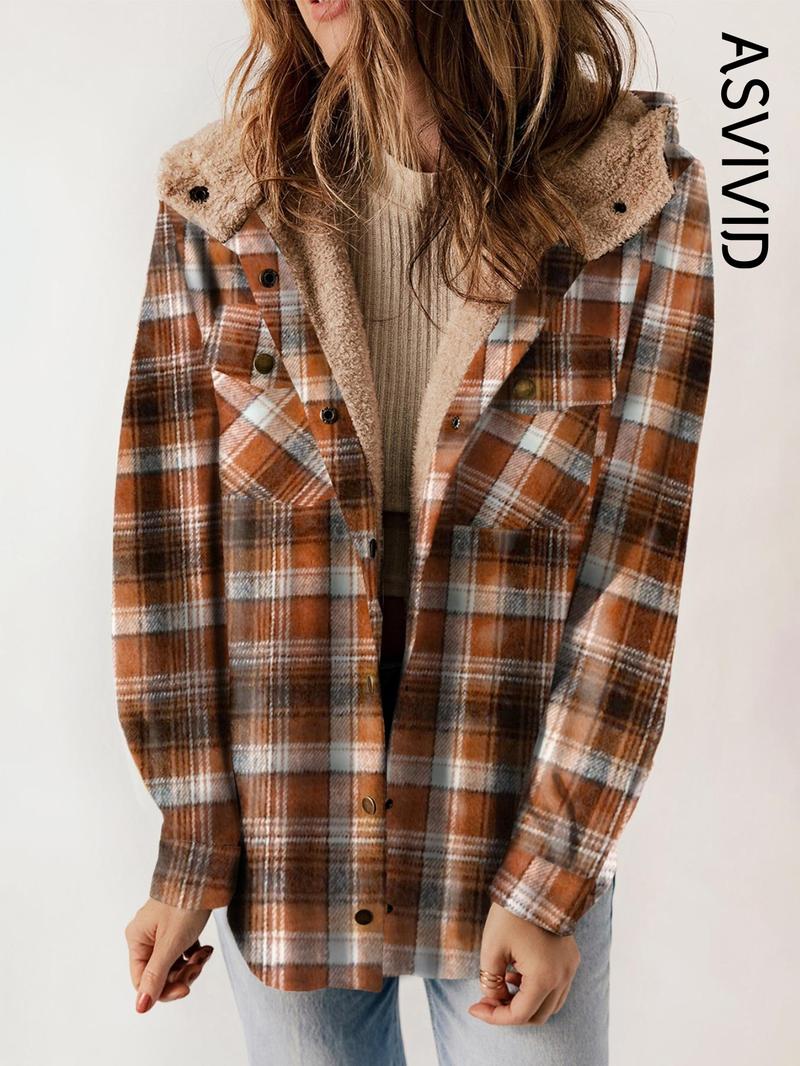 Women's Plaid / Houndstooth Print Button Front Hooded Coat, Casual Long Sleeve Pocket Coat for Fall & Winter, Ladies Outerwear for Daily Wear - Seldom Seen Styles