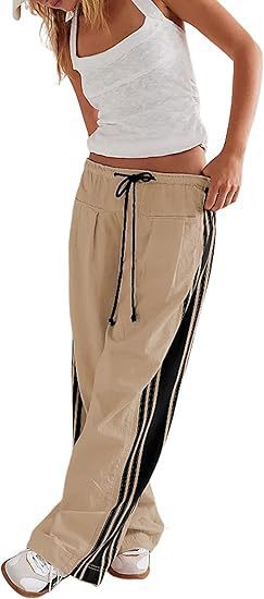 Women Y2k Track Pants Side Striped Wide Leg Baggy Pants Casual Drawstring Waist Parachute Sweatpants Streetwear - Seldom Seen Styles