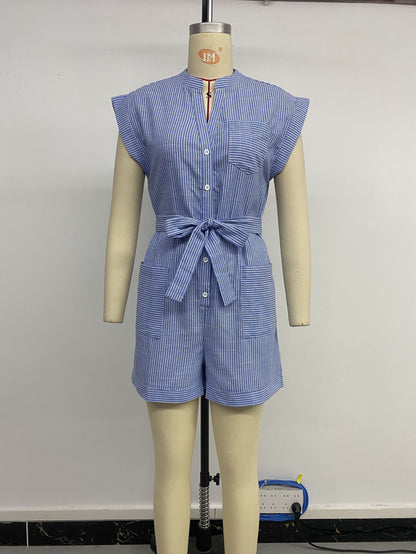 Womens Striped Shorts Romper Dressy Button V Neck Jumpsuits Comfy Business Work Overalls One Piece Jumpsuit w/Pockets