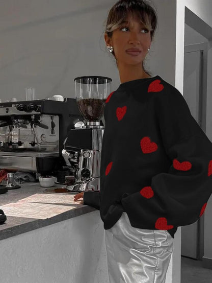 Women's Spring Heart Print Long Sleeve Crewneck Knitting Jumper, Comfort Round Neck Sweater for Daily Streetwear,  Tiktop Shop, Lady's Top for Spring - Seldom Seen Styles
