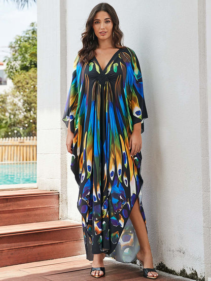 [Plus Size] Butterfly/feather Print Ruched Split Hem Tunic Dress, Valentine's Day Elegant Batwing Sleeve V Neck Long Dress for Summer, Casual Womenswear, Gift, Homecoming Dresses, Women's Clothes for Beach Holiday Vacation, Moo Moo Dresses