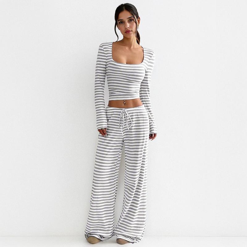 Women's Slouchy Square Neck Stripe Long Sleeve Crop Top & Low-Rise Wide Leg Trousers Co-ord, Minimalist Two Piece Outfits, Cozy Womenswear - Seldom Seen Styles