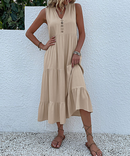 Summer Flowy Maxi Dress with Pockets Sleeveless Loose Casual Sundress V-Neck Tiered Sun Dress for Beach Cruise Vacations