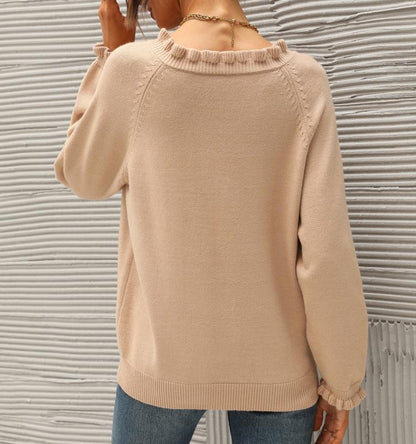 Women's Knit Pullover Sweater Tops - Casual Long Sleeve Button Down Crew Neck Ruffle Solid Color Striped - Knitwear, Womenswear - Seldom Seen Styles
