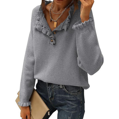 Women's Knit Pullover Sweater Tops - Casual Long Sleeve Button Down Crew Neck Ruffle Solid Color Striped - Knitwear, Womenswear - Seldom Seen Styles