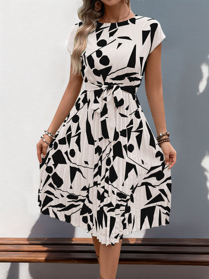 Floral Dress for Women Wedding Guest Crewneck Short Sleeve Casual Summer Dress Tie Waist Midi Flowy Boho Beach Dresses